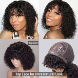 NATURAL SHORT CURLY HUMAN HAIR TOP LACE FRINGE WIG WITH BANGS (A) 237