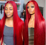 30 Inch Red Straight Hair Glueless Wigs 13x4 HD Lace Frontal Wig Colored Wear And Go Human Hair Wig