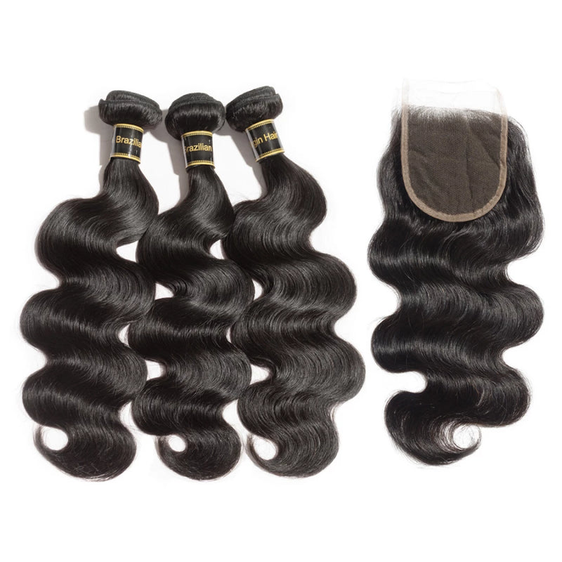 10"/12"/14" 3 Bundles Body Wavy Virgin Hair 300g With 12" 4*4 Body Wavy Free Part Closure (T) 38