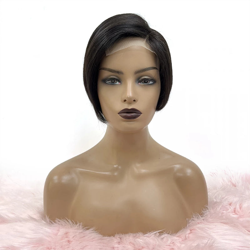 8 Inch 4"x4" Closure Pixie Cut Wig #1B Straight Side Part 150% Density Brazilian Virgin Hair (T) 134
