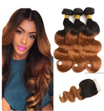 Beauty Is Key Boutique Body Wave Bundles With Closure Remy Human Hair 3 bundles with 4*4 Lace Closure Ombre Brown Color T1B/30