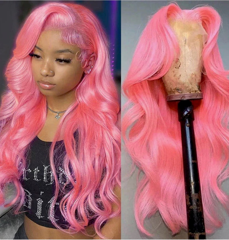 Pink Glueless Wigs 13x4 Body Wave Lace Frontal Wig Wear And Go Colored Human Hair Wigs