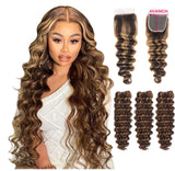 Beauty Is Key Boutique Deep Wave Weave 3 Bundles with Closure Virgin Human Hair Highlights Weave and Closure Piano Brown Color