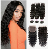 Beauty Is Key Boutique Queen Remy 3 Bundles Deep Wave Bundles with Closure Peruvian Hair Bundles with Closure Remy 100% Human Hair Bundles with Frontal