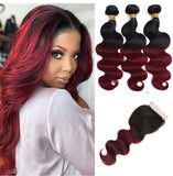 Beauty Is Key Boutique Remy Body Wave Human Hair Bundles With Closure 1B Burgundy Remy Peruvian Dyed Omber 3 Bundles With Frontal 4x4 Brazilian Human Hair