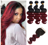 Remy Body Wave Human Hair Bundles With Closure 1B Burgundy Remy Peruvian Dyed Omber 3 Bundles With Frontal 4x4 Brazilian Human Hair