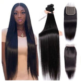 Beauty Is Key Boutique Remy Human Hair Straight Hair Weave 3 Bundles With 4x4 Lace Closure