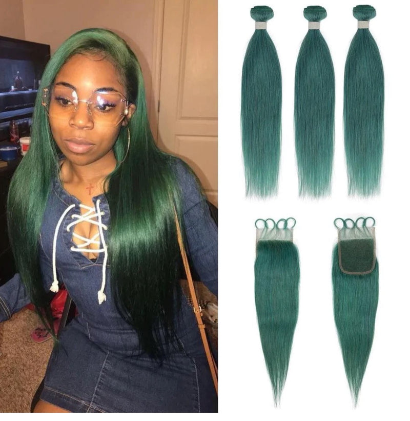 Beauty Is Key Boutique Remy Human Hair 3 Bundles with Closure Straight Hair Weave Jade Green Color