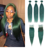 Beauty Is Key Boutique Remy Human Hair 3 Bundles with Closure Straight Hair Weave Jade Green Color