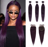 Beauty Is Key Boutique Remy Human Hair 3 Bundles with Closure Straight Hair Weave Purple Color