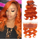 Orange Remy Human Hair Bundles with Frontal Closure Body Wave 3 Bundles with 13*4 Lace Frontal Ginger Color Hair