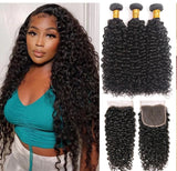 Beauty Is Key Boutique Remy Jerry Curl Human Hair Natural Black 3/4 Bundles With 4x4 Lace Closure