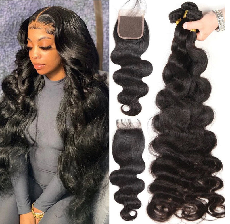 Remy Human Hair 3 Bundles Body Wave Weave With 4x4 Lace Closure Natural Color