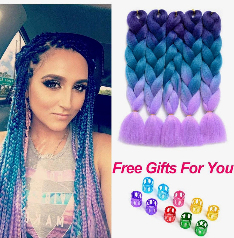 Kanekalon Braiding Hair Ombre 5Pcs/Lot Synthetic Hair Extensions Ombre Twist Braids Hair High Temperature Hair Extensions (24" Purple-Lake Blue-Violet)