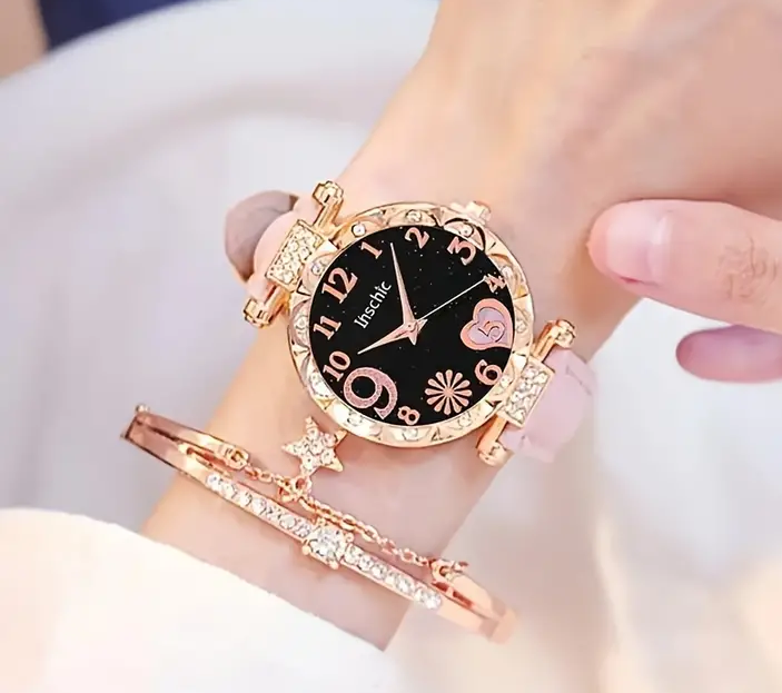 2pcs/set Heart-Shaped Rhinestone Womens Quartz Watch & Star Charm Bangle