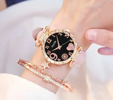 2pcs/set Heart-Shaped Rhinestone Womens Quartz Watch & Star Charm Bangle