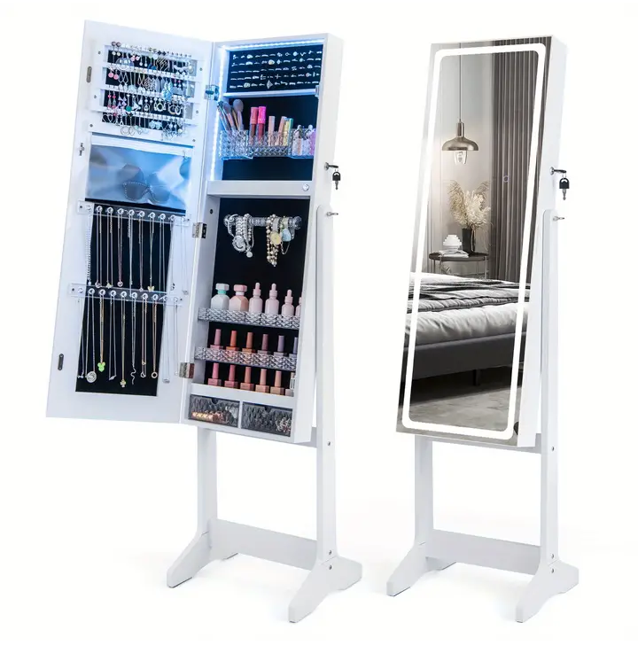 LED Mirror Jewelry Cabinet For Organizing, Standing W/ Built-in 3-Color Light
