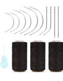 Needle and Thread Set Professional Hair Extension Tools 10Pcs Curved Needle with 3Pcs Black Threads for Making Wig DIY Hand Sewing Hair Weave Extension (3 Thread, Black)