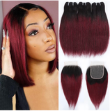 Ombre Bundles with Closure(10+10 10+10) Brazilian Straight Bundles Human Hair Red Burgundy Short Bob Human Hair 3 Bundles with 4x4 Lace Closure 50g/bundle