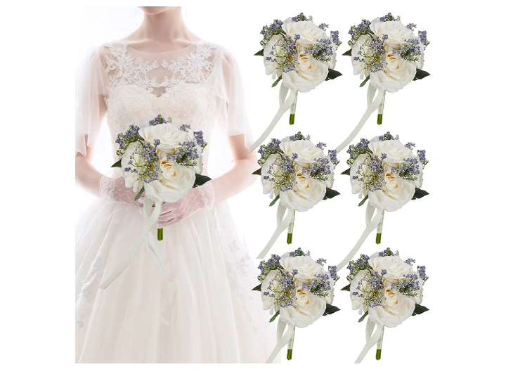 TDIJ Set of 6 Full Bridesmaid Bouquets for Wedding