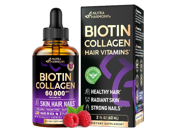 Liquid Biotin & Collagen - Vitamins for Hair Growth Support for Women & Men - Extra Strength 60000 mcg Drops - B7 Supplement - Strong Nails & Healthy Skin - 98% Faster Absorption Than Pills