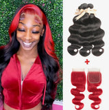 Skunk Stripe Human Hair 3 Bundles with Closure Red Closure And Black Hair Bundles Style Virgin Human Hair Weave