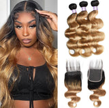 T1B/27 Honey Blonde Color Brazilian Body Wave Hair 3 Bundles With 4x4 Lace Closure Human Hair Weave
Length Stretched