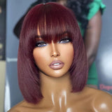 10 Inch Reddish Purple Layered Cut Yaki Straight #99J Lace Bob Wig With Bangs (T) 34