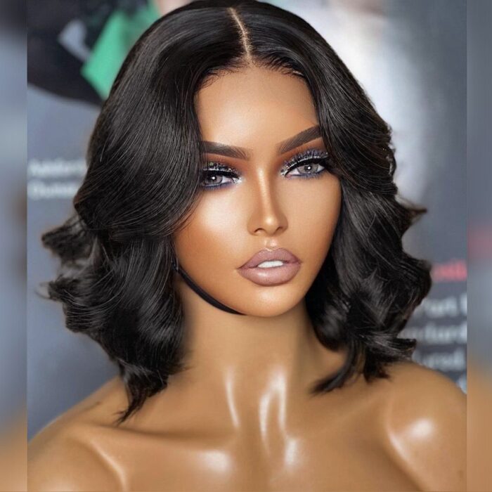 (Human Hair) Airy Cap Ready To Go Glueless Loose Body Wave Short Bob Wig Pre-Bleached Knots 6×5 Pre-Cut Lace Wig