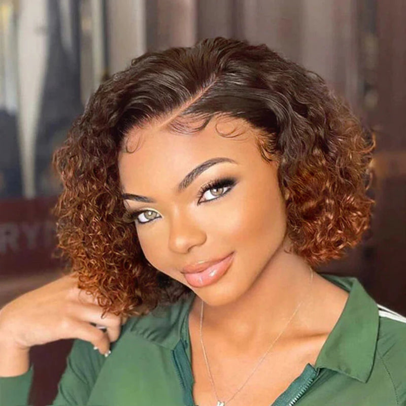 10 Inch Trendy Mix Brown Short Cut Curly HD Lace Glueless Side Part Wig (T) 36