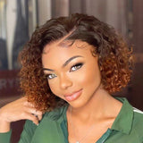 10 Inch Trendy Mix Brown Short Cut Curly HD Lace Glueless Side Part Wig (T) 36