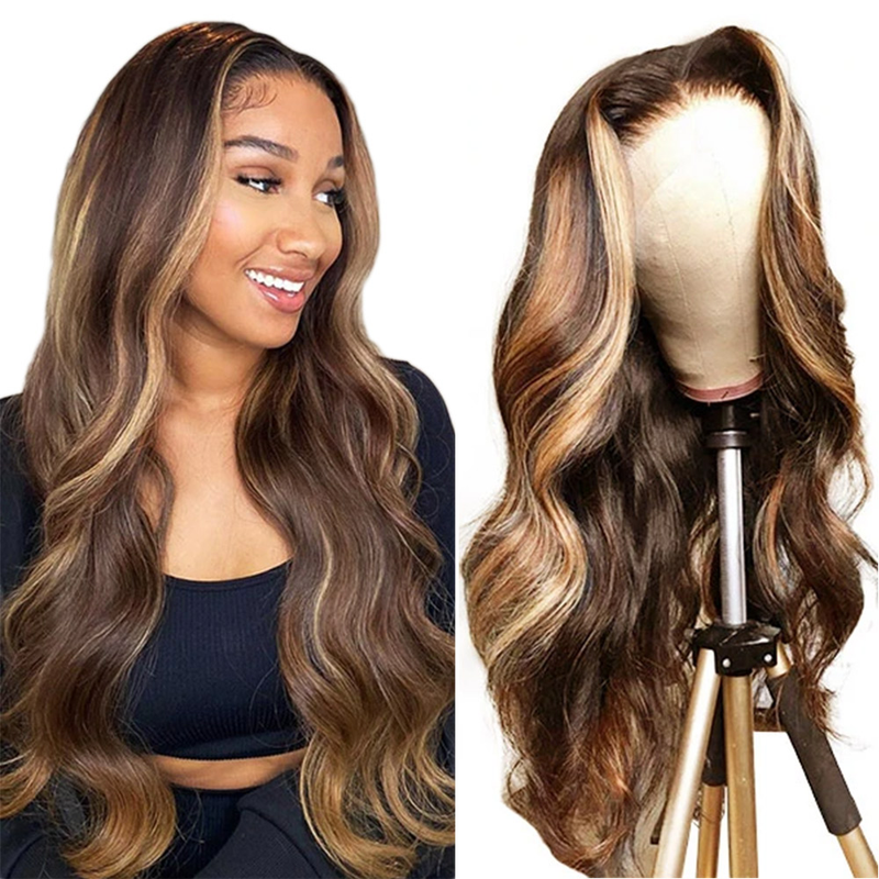 #4/27  Highlight Honey Blonde 13x4  Transparent Frontal Lace Wig Body Wave Color Wig (A) 11