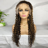 #4/27  Highlight Honey Blonde 13x4  Transparent Frontal Lace Wig Deep Wave Color Wig (A) 12