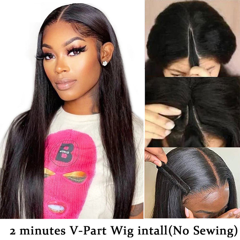 Straight #1B Natural Black V Part Wigs 100% Virgin Human Hair 180% Density (A) 253