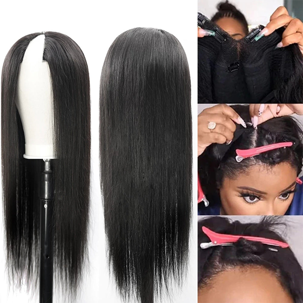 Straight #1B Natural Black V Part Wigs 100% Virgin Human Hair 180% Density (A) 253