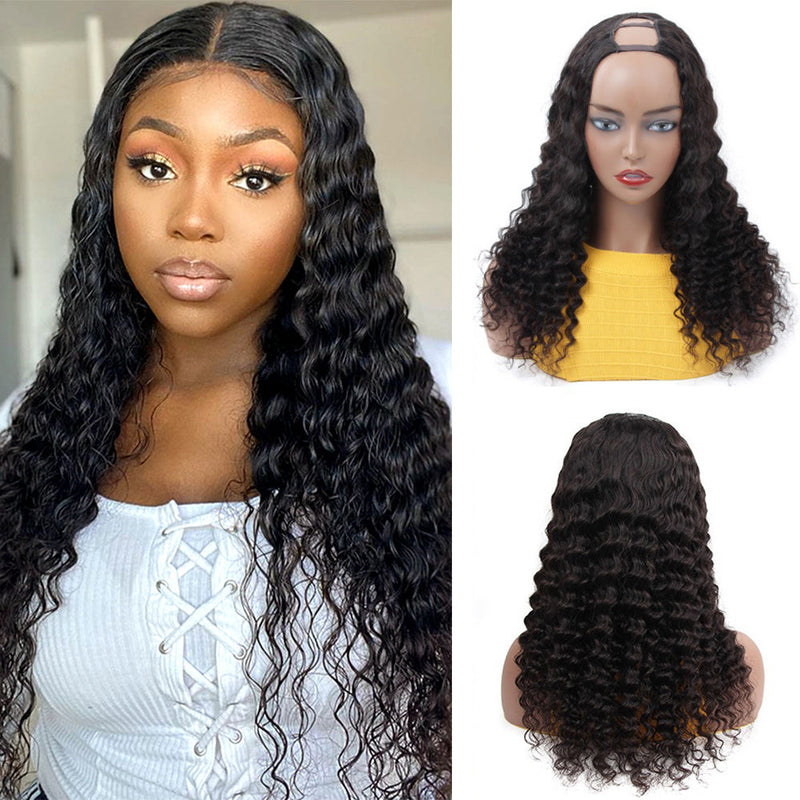 Deep Wave #1B Natural Black U Part Wigs 100% Virgin Human Hair 180% Density (A) 180
