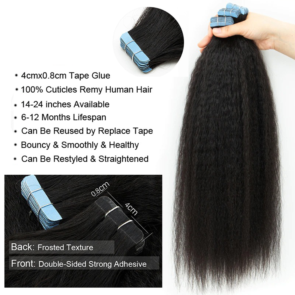 Kinky Straight Virgin Human Hair  Tape In Natural Black (20pcs/50grams) (A) 215