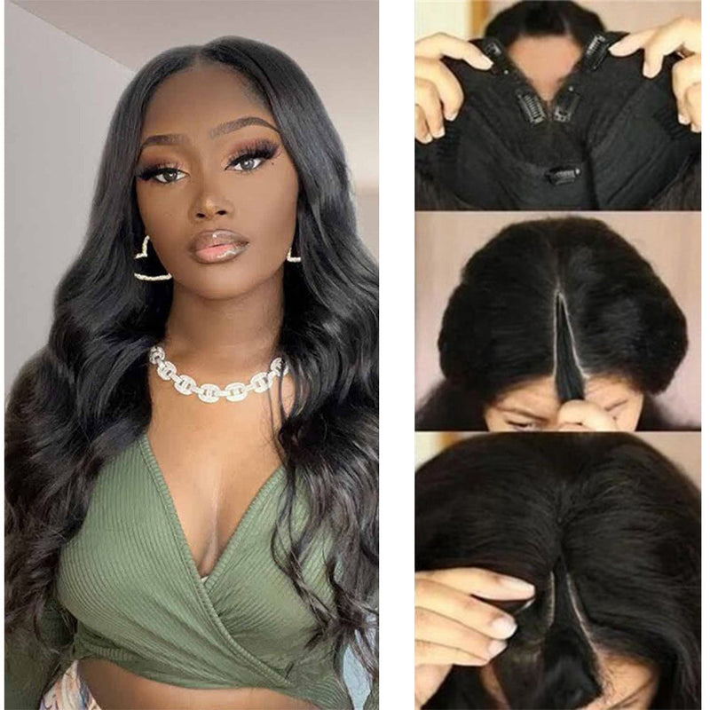 Body Wave #1B Natural Black V Part Wigs 100% Virgin Human Hair 180% Density (A) 150